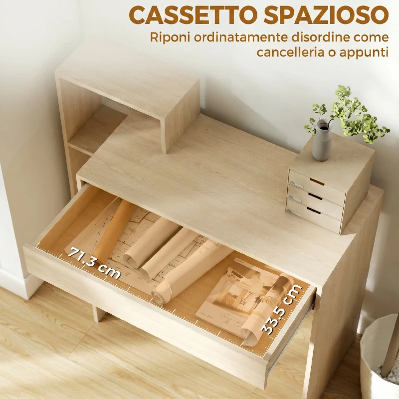 HOMCOM Scrivania PC Moderna con 3 Ripiani Aperti e Cassetto, in Legno, Color Legno, 100x40x90 cm
