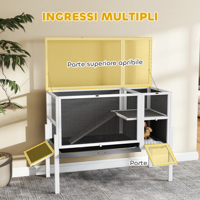 PawHut Gabbia per Conigli e Criceti da Interno Rialzata con Vassoio Estraibile e Tetto Apribile, Grigio