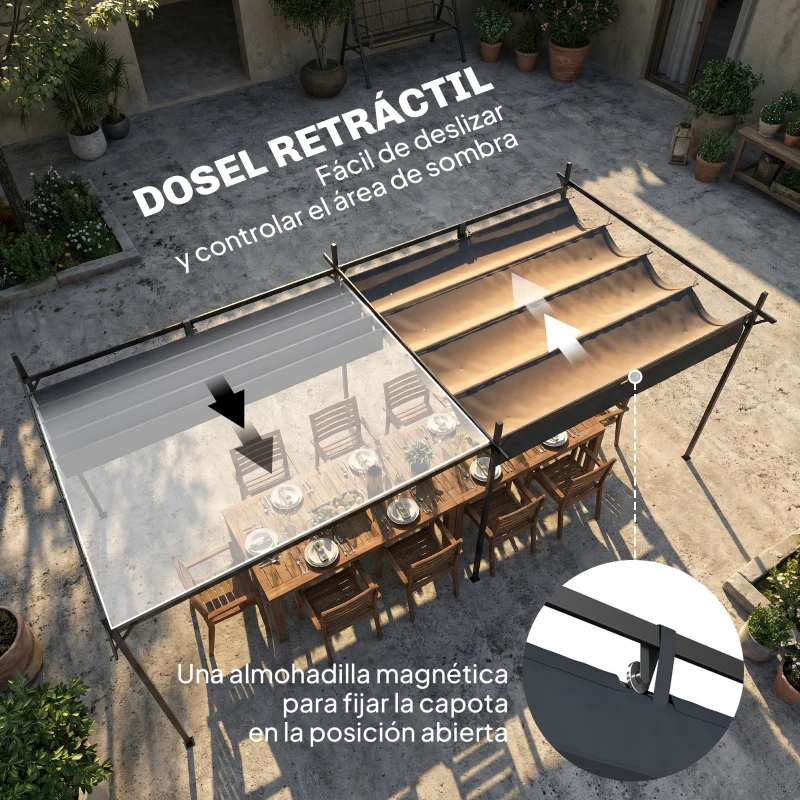 Outsunny Pérgola de Jardín 6x3 m Gazebo con Techo Retráctil de Poliéster Resistente a los Rayos UV Gris Oscuro
