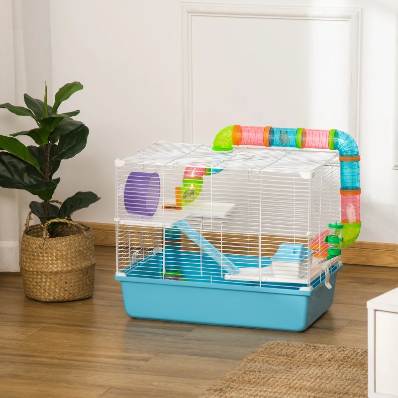 PawHut Cage à hamster rat rongeur 3 niveaux avec tunnel, biberon eau, roue, maisonnette, échelles dim. 59L x 36l x 47H cm