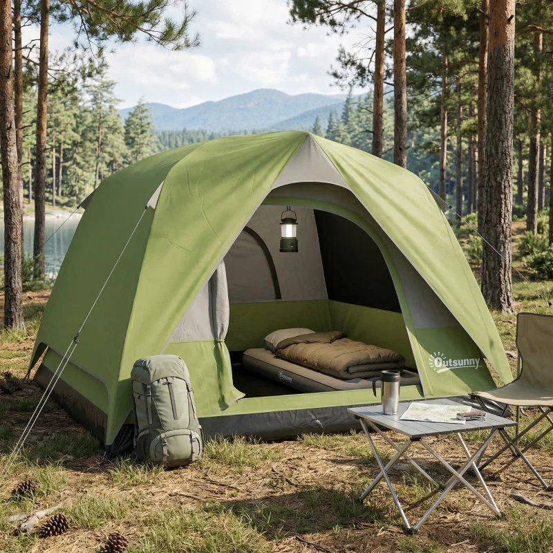 Outsunny Tente de camping 2-4 personnes, tente dôme familiale imperméable, avec fenêtres, poche, sac de transport vert olive