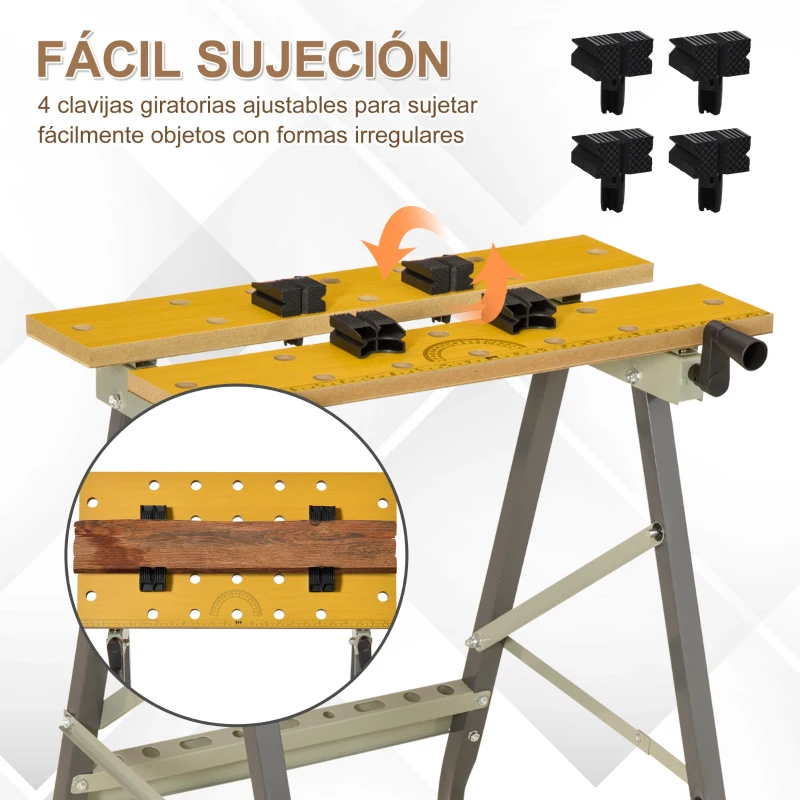 DURHAND Banco de Trabajo Plegable 4 en 1 Mesa de Trabajo con 4 Abrazaderas 2 Manivelas 62,5x60,5x78,5 cm Natural y Gris