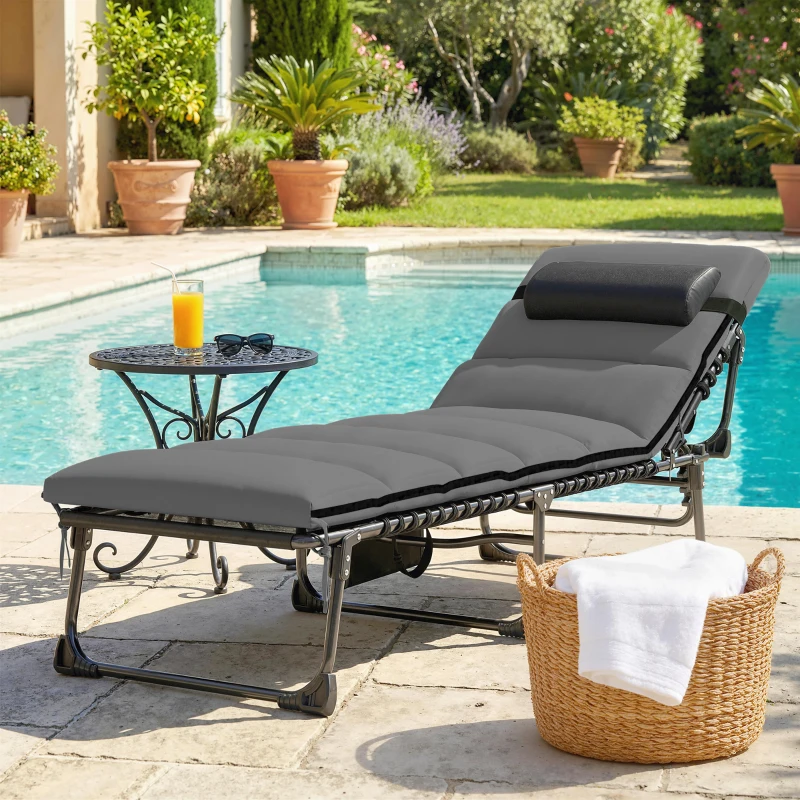 Outsunny Chaise longue jardin extérieur, Bain de soleil Pliable, dossier inclinable sur 5 positions, 200 x 57 x 38 cm, gris Foncé