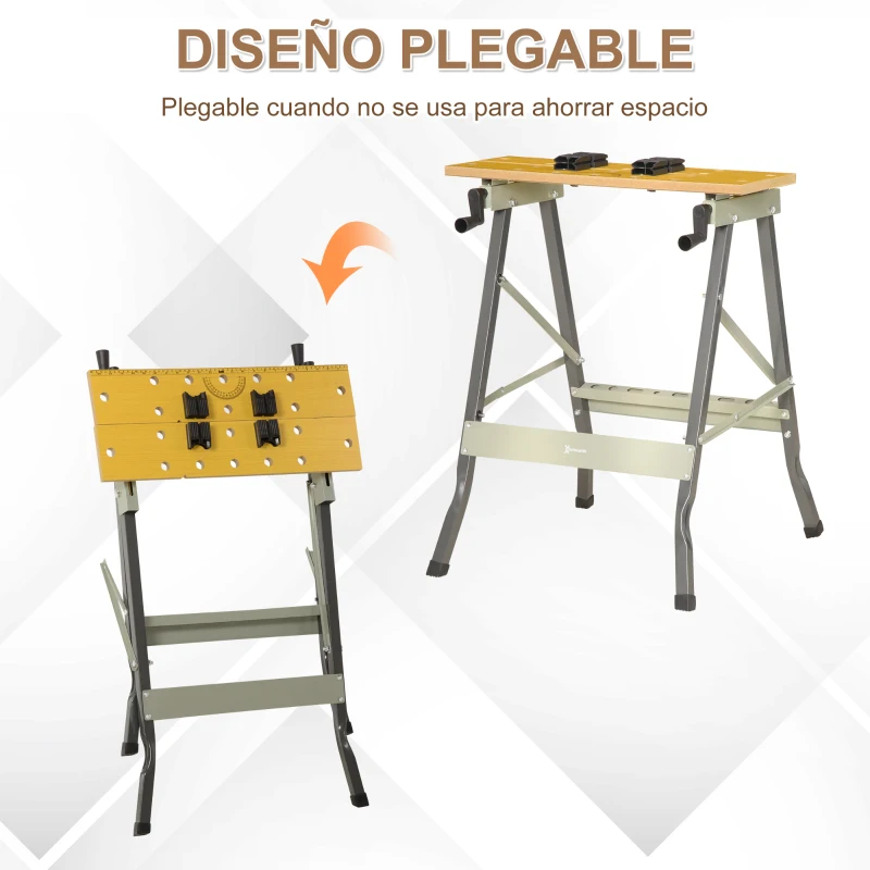 DURHAND Banco de Trabajo Plegable 4 en 1 Mesa de Trabajo con 4 Abrazaderas 2 Manivelas 62,5x60,5x78,5 cm Natural y Gris