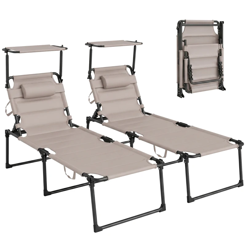 Outsunny Lot de 2 Bains de soleil transats pliables grand confort dossier pare-soleil réglables multi-positions, kaki