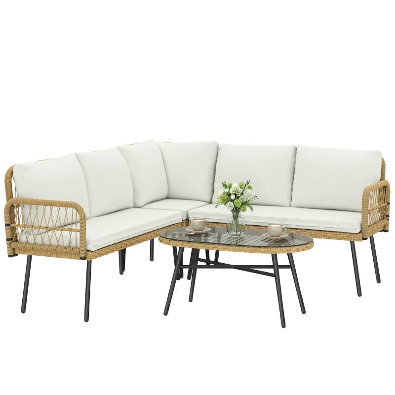 Outsunny Polyrattan Tuinmeubelset 4-delig, Loungeset met Hoekbank Tweezitsbank Glazen Tafel Afneembare Kussens voor 5 Personen