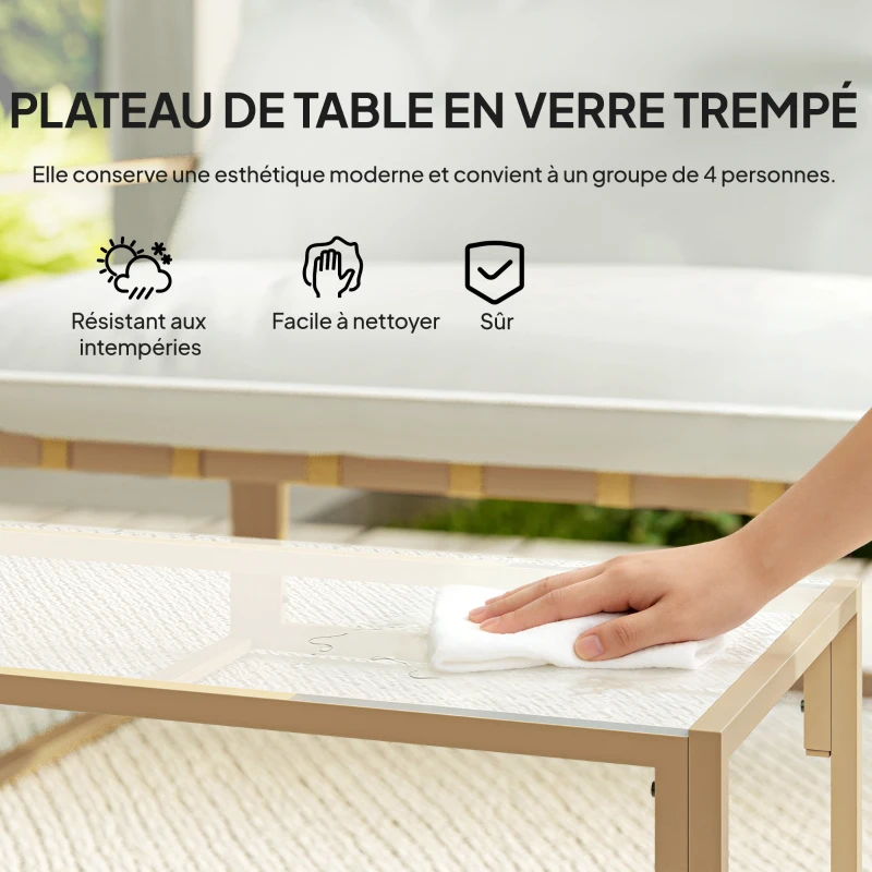 Outsunny Salon de jardin extérieur 4 pièces avec coussins ultra-épais 15cm canapé 2 places avec table basse et 2 fauteuils kaki