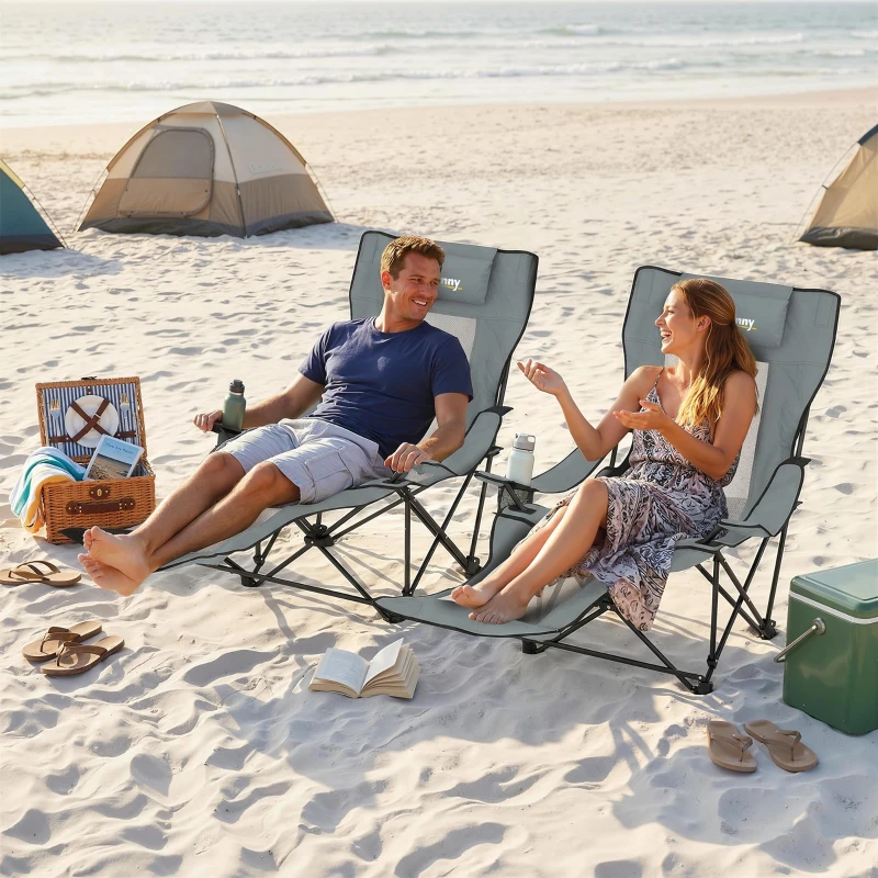 Outsunny Camping Chair Reclining Portable Camp Chair with Detachable Footrest Cup Holder Grey