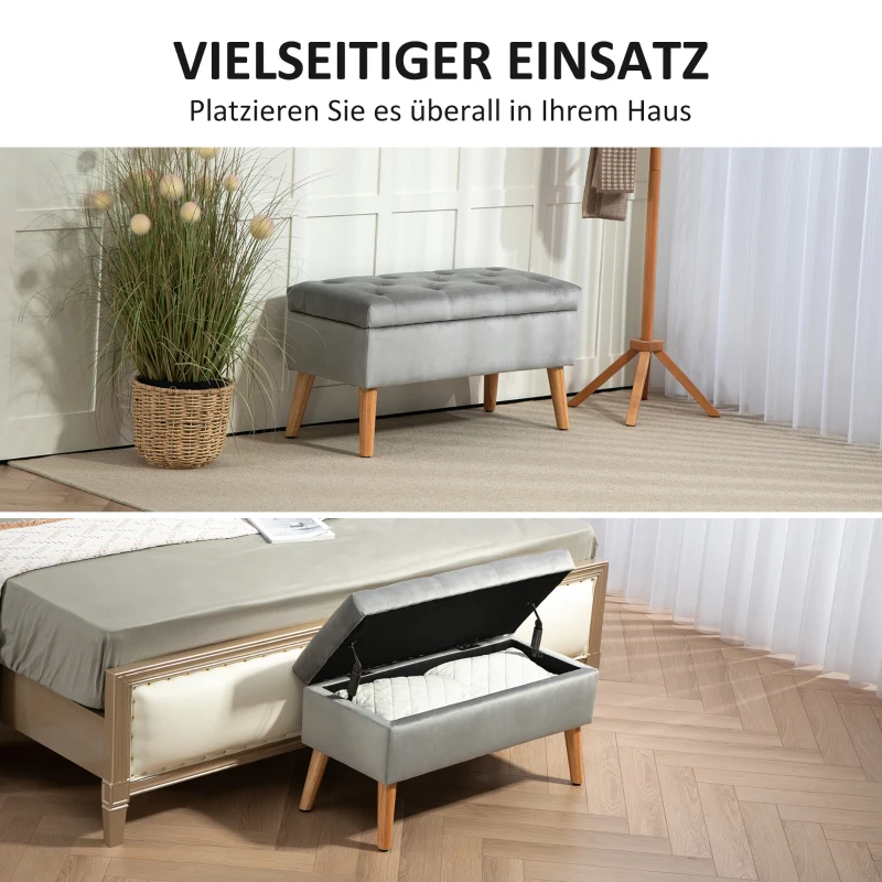 HOMCOM Gestoffeerde Bank met Opbergruimte, Stoffen Bekleding in Fluweel Optiek, Houten Poten, voor Woonkamer, Slaapkamer, Hal, 80 x 35 x 42 cm, Grijs(m-7)