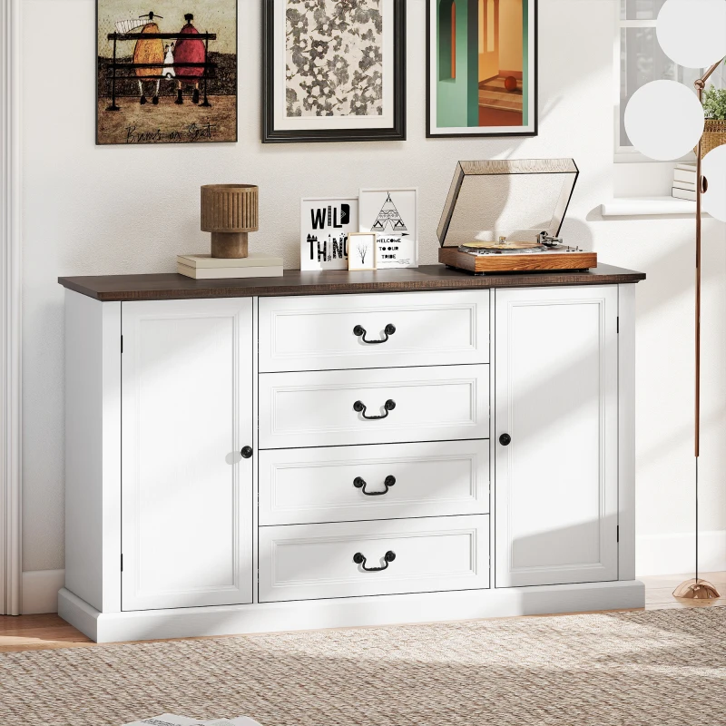 HOMCOM Credenza da Cucina Stile Vintage con 4 Cassetti e 2 Armadietti con Mensole Regolabili, 147x40x87, Legno Bianco