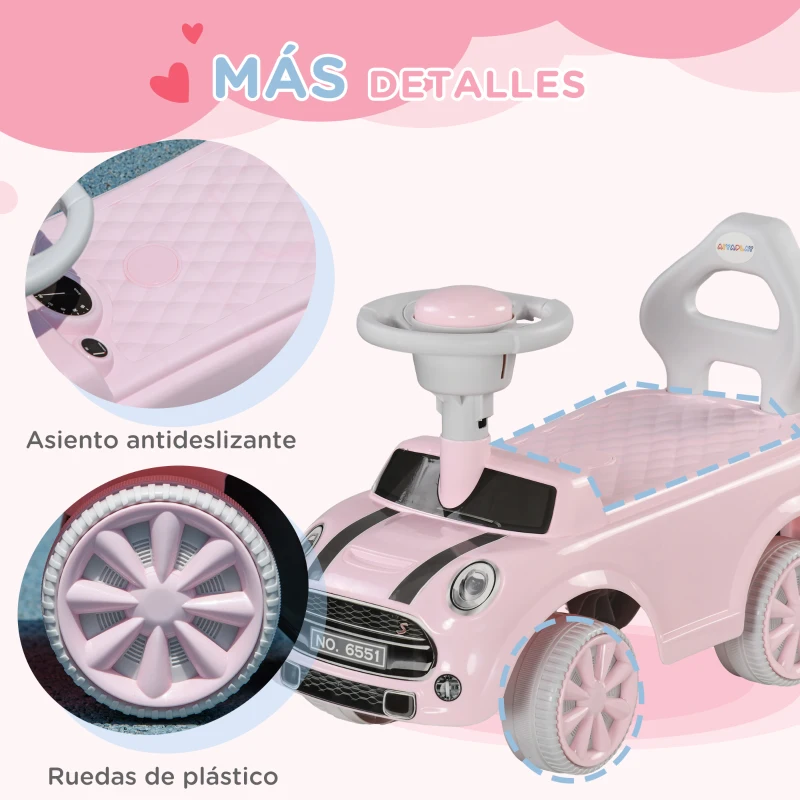 AIYAPLAY Coche Correpasillos con Volante Bocina y Sistema de Antivuelco Carga 25 kg 53x25x35 cm Rosa