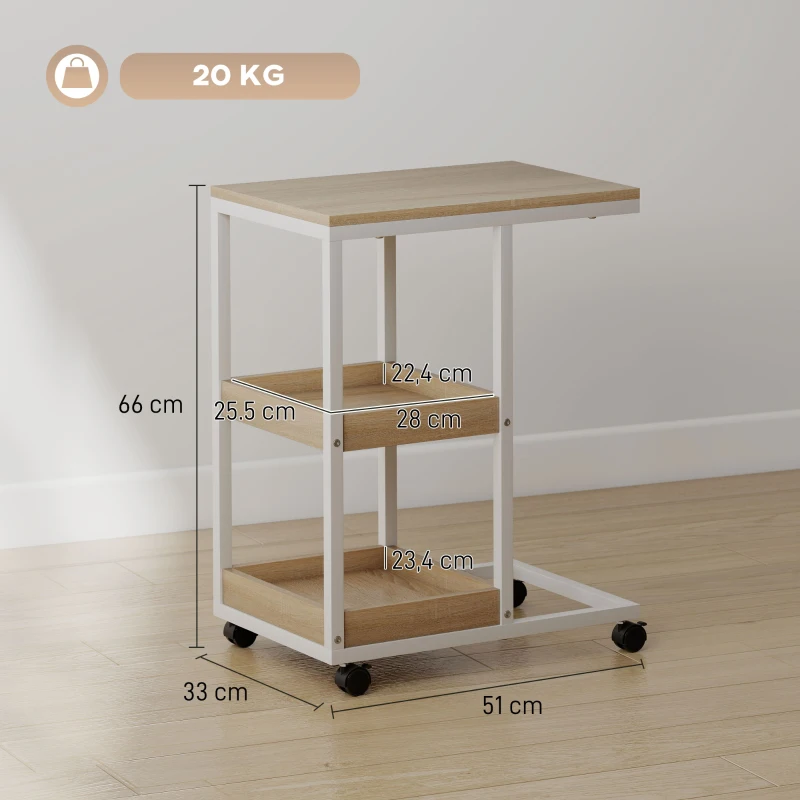 HOMCOM Mesa Auxiliar en Forma de C con Ruedas Estantes Abiertos y Marco de Acero para Salón Dormitorio 51x33x66cm Natural y Blanco