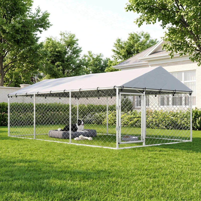 PawHut Außen-Hundezwinger mit verzinktem Gitter und Schloss, aus Stahl und Oxford-Gewebe, 4x2.3x1.5 m, Silber