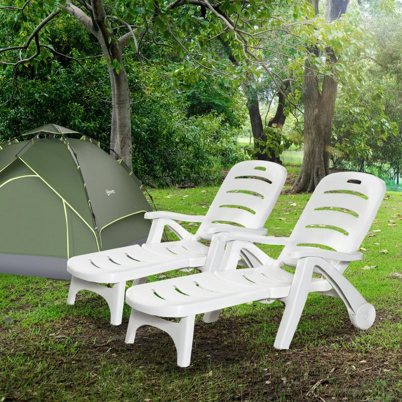 Outsunny 2PCs Outdoor Folding Sun Lounger Recliner on Wheels w/ 5-Position Backrest, White