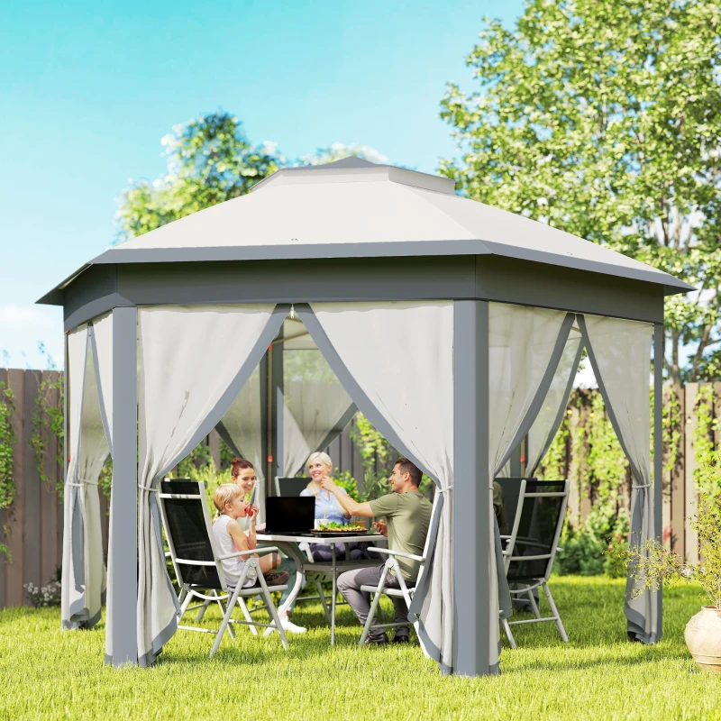 Outsunny 3 x 4m Metal Frame Hexagon Gazebo, with Curtains - Grey