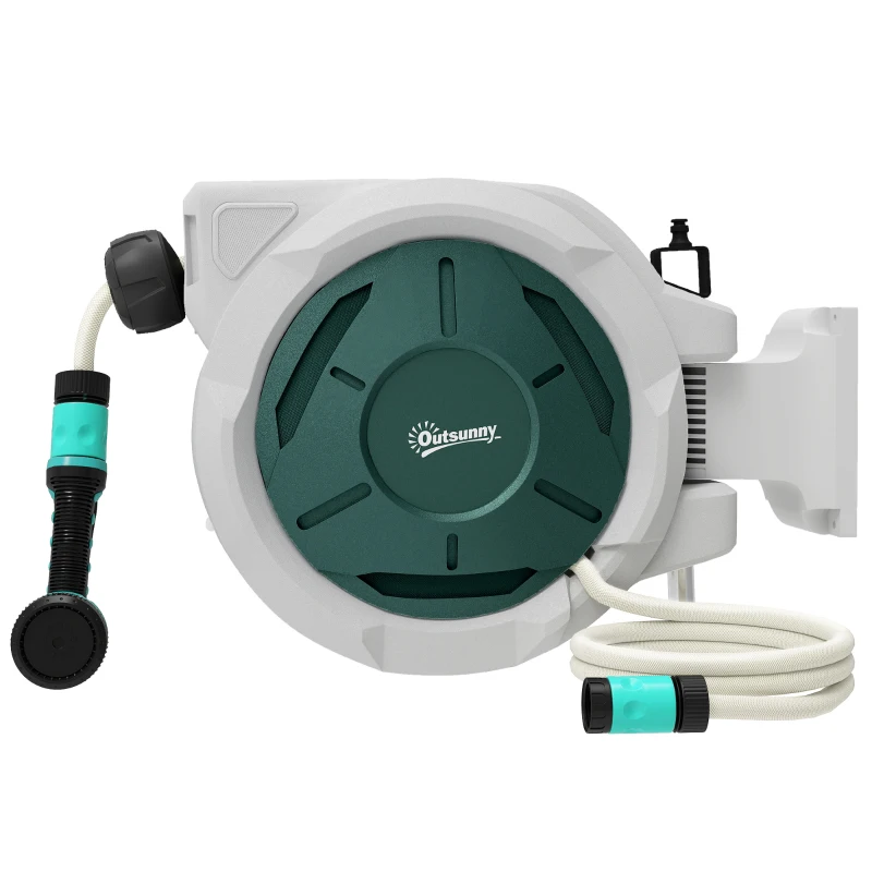 Outsunny Retractable Hose Reel Wall Mounted, 30+2m Garden Hose Pipe Reel with Lock, Auto Rewind, 7 in 1 Spray Nozzle, Includes Wall Fixings, 180° Swivel, Outdoor Watering, 59 x 23 x 42 cm, Grey