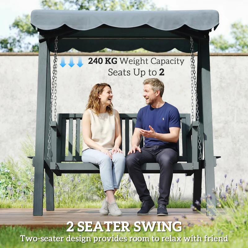 Outsunny 2 Seater Garden Swing Seat with Canopy, Wooden Swing Chair, Outdoor Hammock Bench for Balcony Patio Porch, Grey