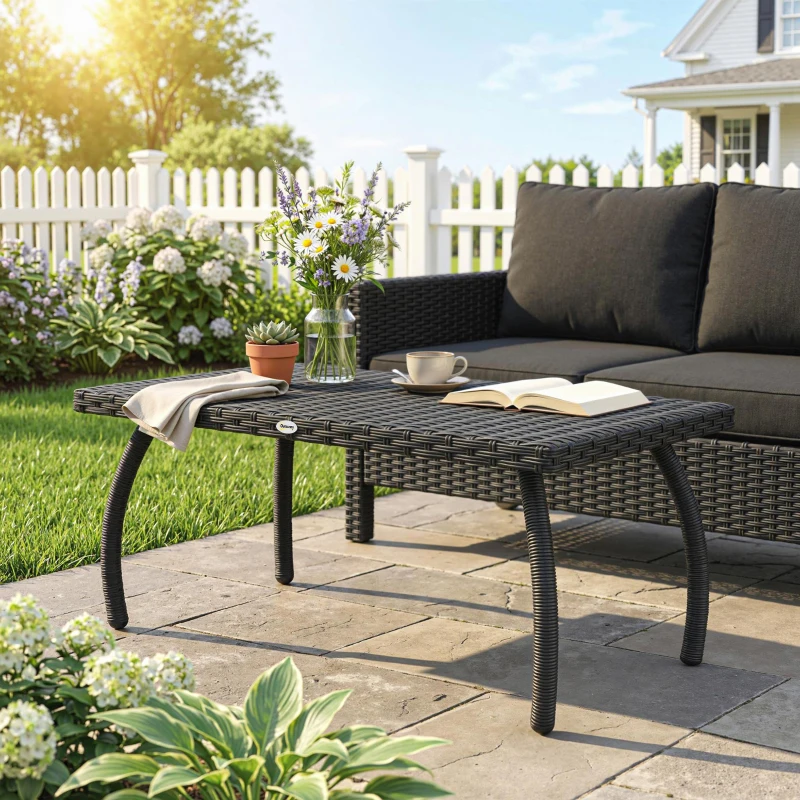 Outsunny PE Wicker Rattan Garden Coffee Table - Black