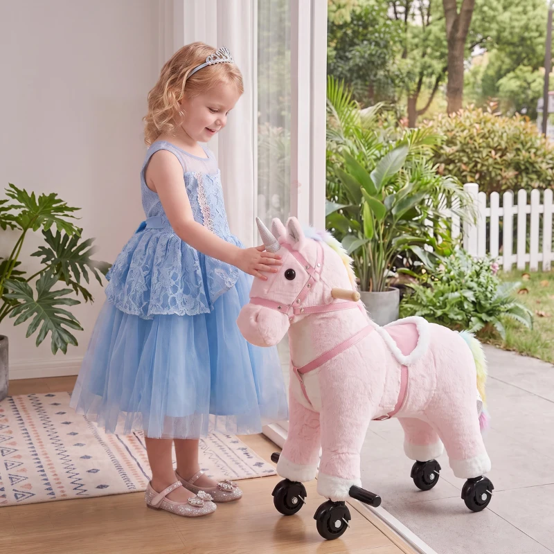 AIYAPLAY Cheval à Monter pour Enfant, Cheval à Roulettes en Peluche avec Effets Sonores, pour 1 à 3 Ans, Charge Max. 40kg, Rose