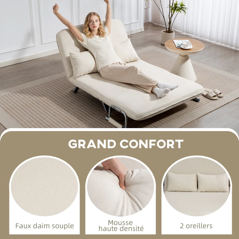 HOMCOM Canapé convertible 2 places canapé-lit 2 places avec dossier réglable et 2 coussins en revêtement aspect suède beige