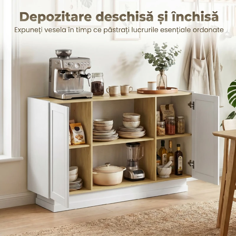 HOMCOM Bufet în Stil Rustic cu Spațiu de Depozitare, Natural și Alb
