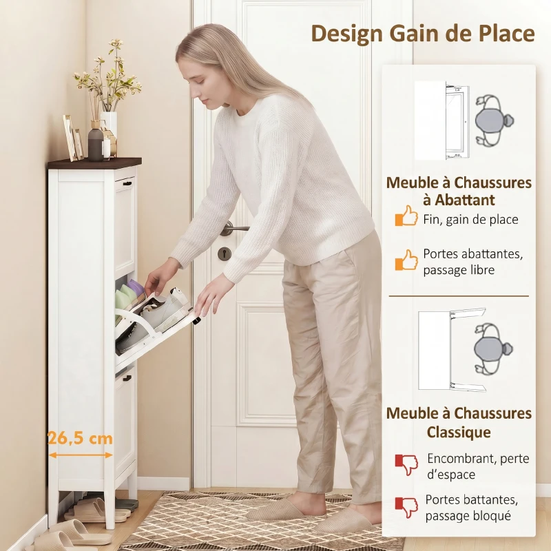 HOMCOM Meuble à chaussures 18 paires, armoire à chaussures étroite avec 3 tiroirs rabattables et étagères réglables, blanc