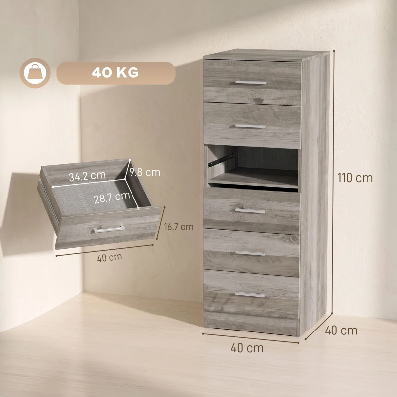 HOMCOM Comodă cu 6 sertare Comodă înaltă pentru dormitor cu sistem anti-răsturnare 40x40x110 cm Gri deschis
