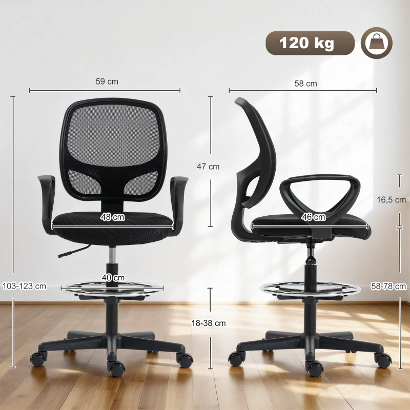 HOMCOM Chaise bureau ergonomique, fauteuil de bureau avec repose-pieds et accoudoirs, hauteur réglable, 59x58x103-123cm, noir