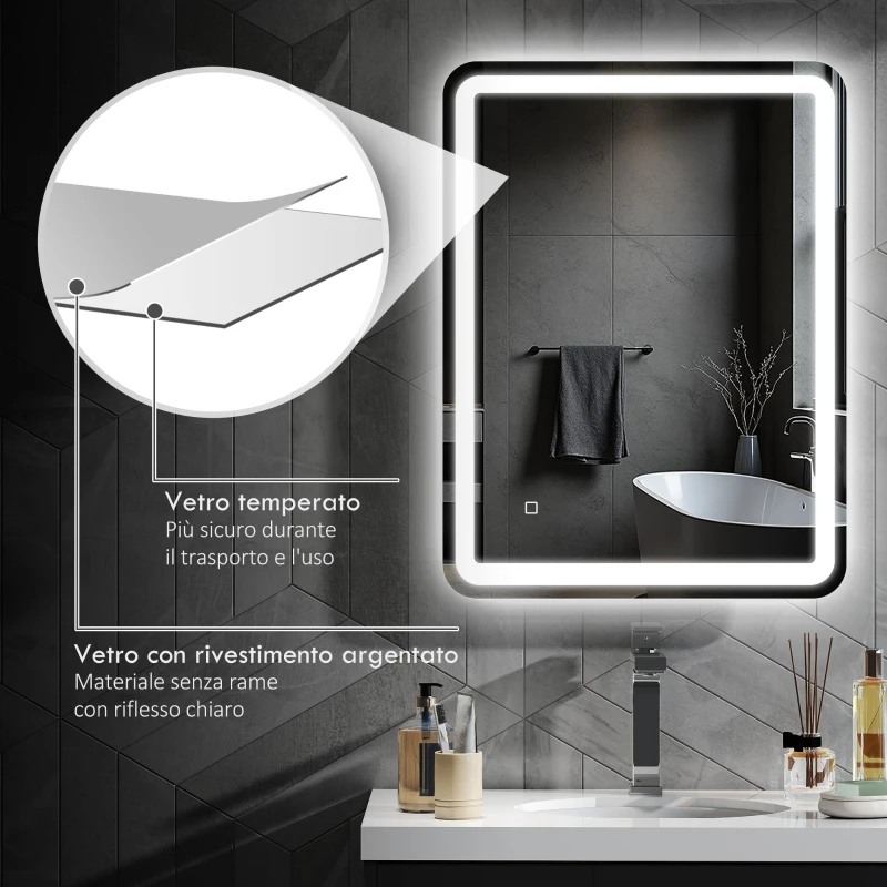HOMCOM Specchio Bagno LED Touch con Luce Dimmerabile, a 3 Temperature e Antiappannamento, 60x80 cm