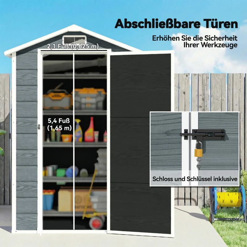 Outsunny Gerätehaus 1,1 m² Geräteschuppen mit Holzoptik Fenster Satteldach Belüftung Boden Schloss Handschuhe Grau