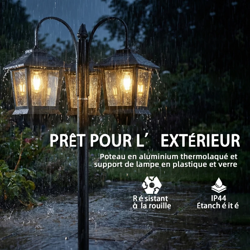 Outsunny Lampadaire extérieur solaire à 3 têtes, lampadaire jardin, éclairage LED, capteur automatique crépuscule à l'aube, noir