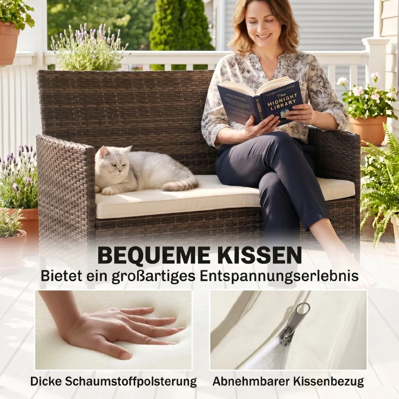 Outsunny 2-Sitzer Rattan Gartensofa PE-Rattan Outdoor-Terrassen-Sofa mit Polster, Anti-Rutsch-Matten, Stahlrahmen, Khaki