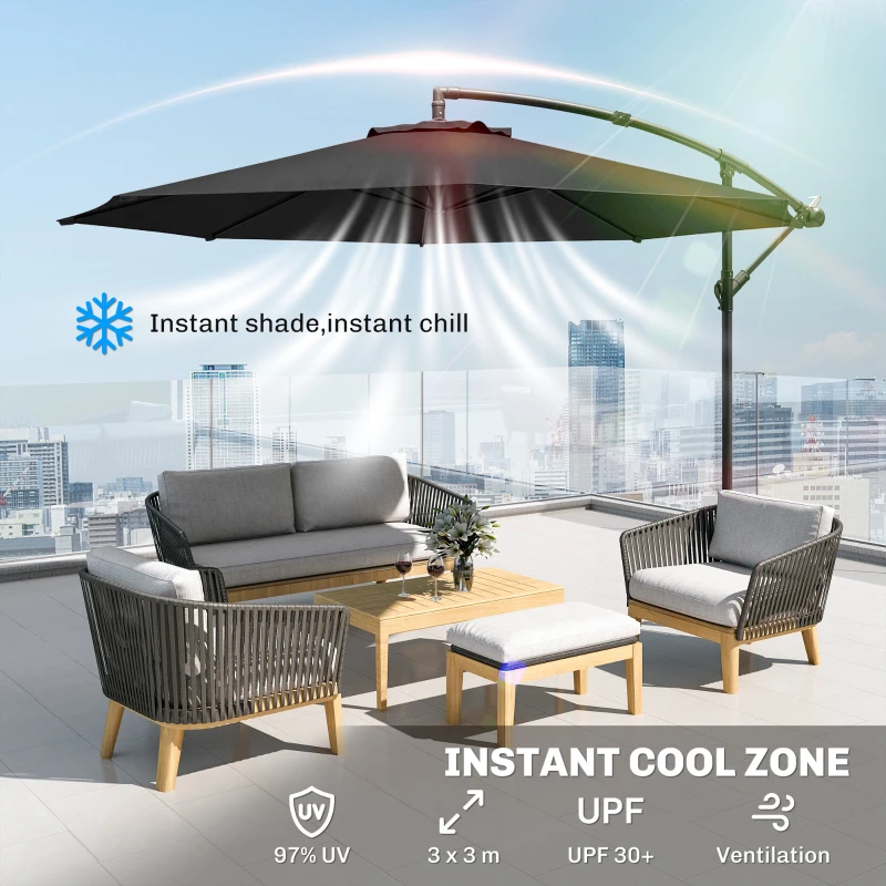 Outsunny 3 m Overhanging Cantilever Parasol, with Cross Base - Black