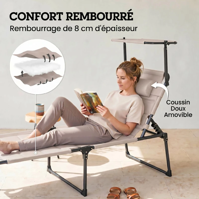 Outsunny Lot de 2 Bains de soleil transats pliables grand confort dossier pare-soleil réglables multi-positions, kaki