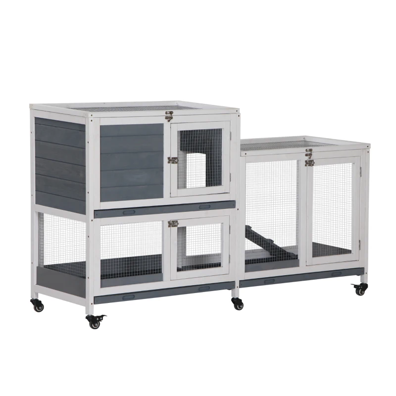 PawHut Conejera de Madera con Ruedas 147x45,5x88,5 cm Jaula para Conejos de 2 Niveles con Techo Abrible 2 Corrales de Metal 3 Bandejas Extraíbles 3 Puertas con Pestillo y Rampa Gris