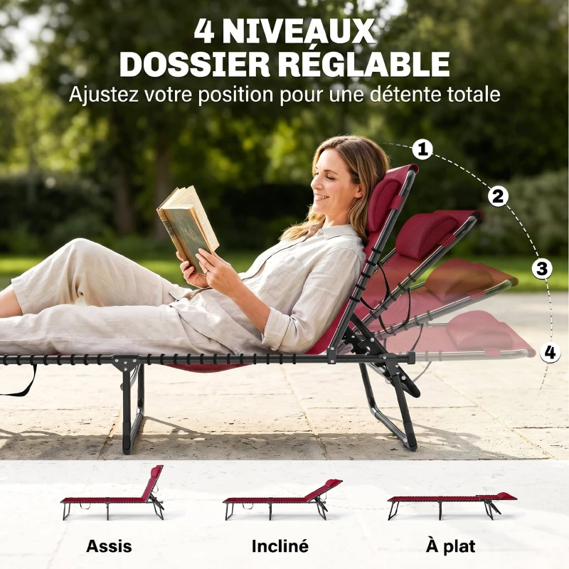 Outsunny Bain de Soleil transat Pliable Dossier inclinable Multi-Positions Acier thermoplastique Lacets élastiques Noir textilène Rouge