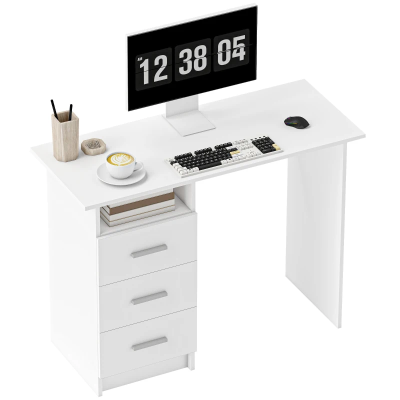 HOMCOM Birou Modern din Lemn cu 3 Sertare și Raft Deschis, 100x40x75 cm, Alb și Maro(m-15)