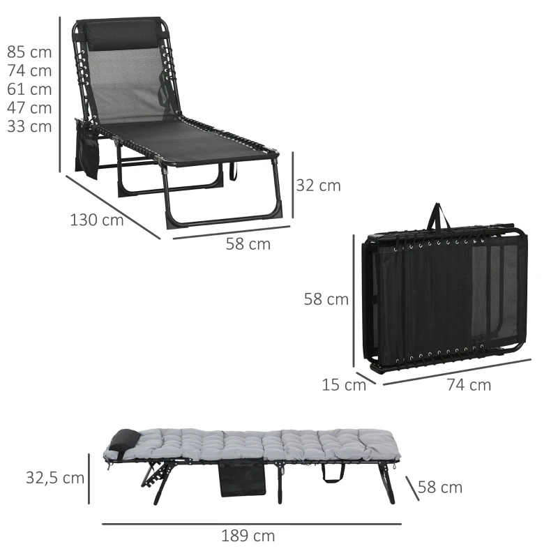 Outsunny Lettino Prendisole Pieghevole con Cuscino, Poggiatesta e Tasca Laterale, 58x189x32.5 cm, Grigio Chiaro
