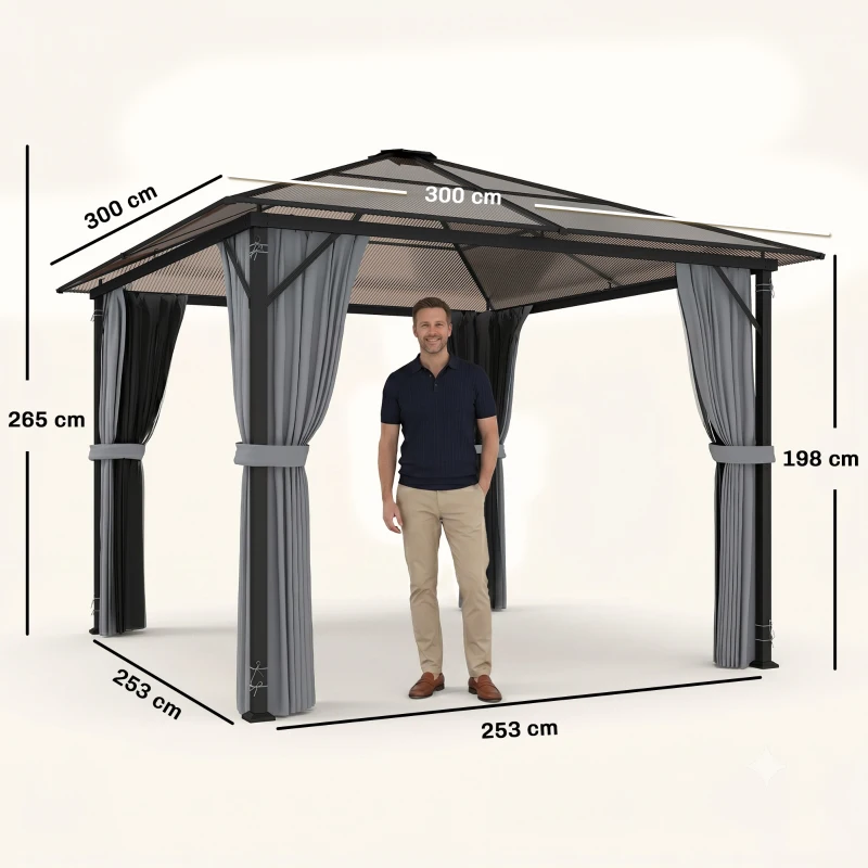 Outsunny Pavilion exterior 3x3 m cu acoperiș rigid, gri închis