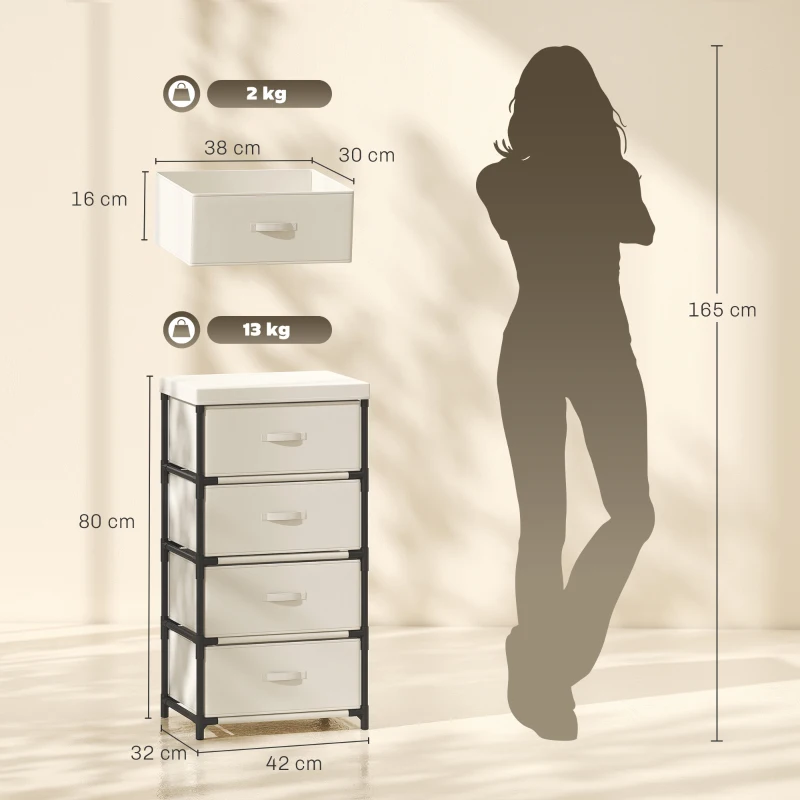 HOMCOM Cómoda para Dormitorio con 4 Cajones de Tela Marco de Acero Cajonera para Salón Oficina Vestidor Beige