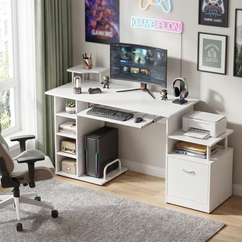 HOMCOM Computer Desk with Drawer Shelves CPU Storage Rack White