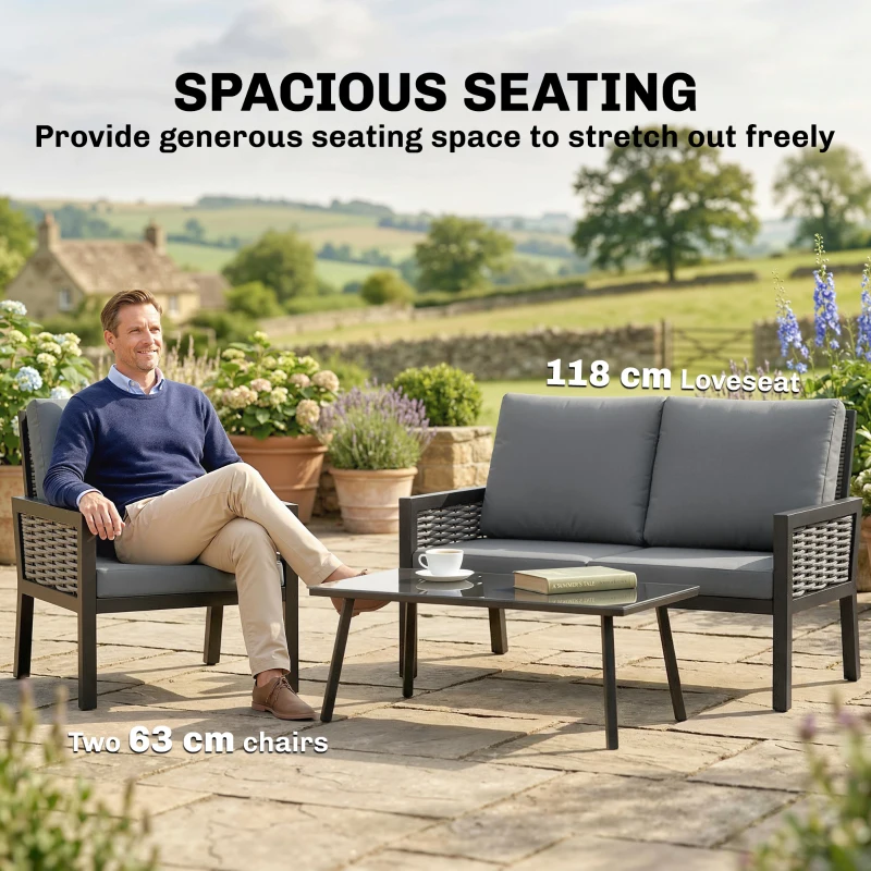 Outsunny 4 Seater Rattan Garden Furniture Set with 2 Armchairs, Loveseat, Coffee Table, Garden Sofa Set with Cushions, Dark Grey