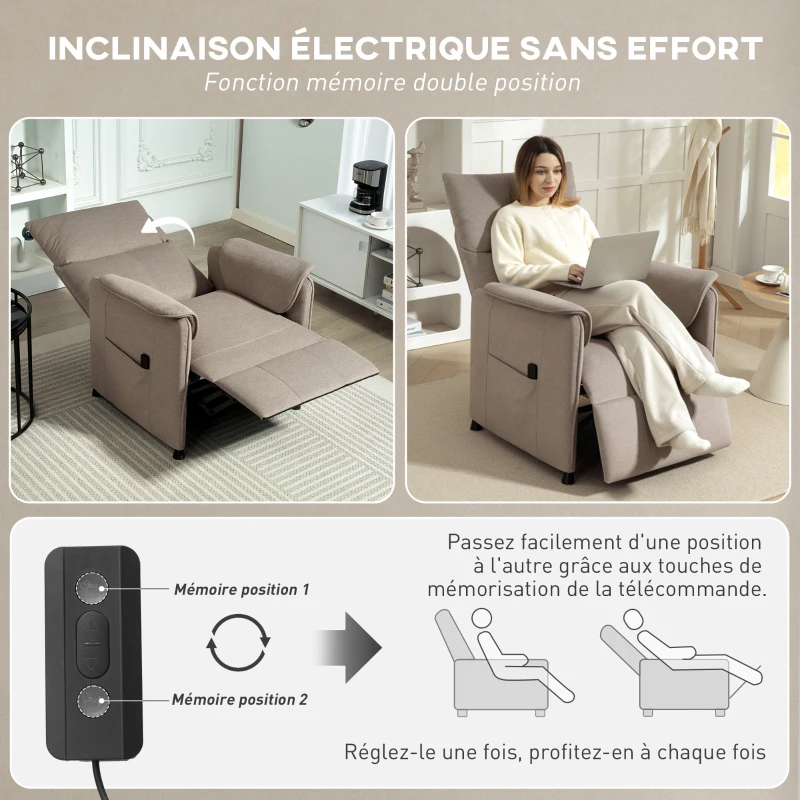 HOMCOM Fauteuil relax électrique avec fonction mémoire, repose-pieds rétractable, télécommande, marron