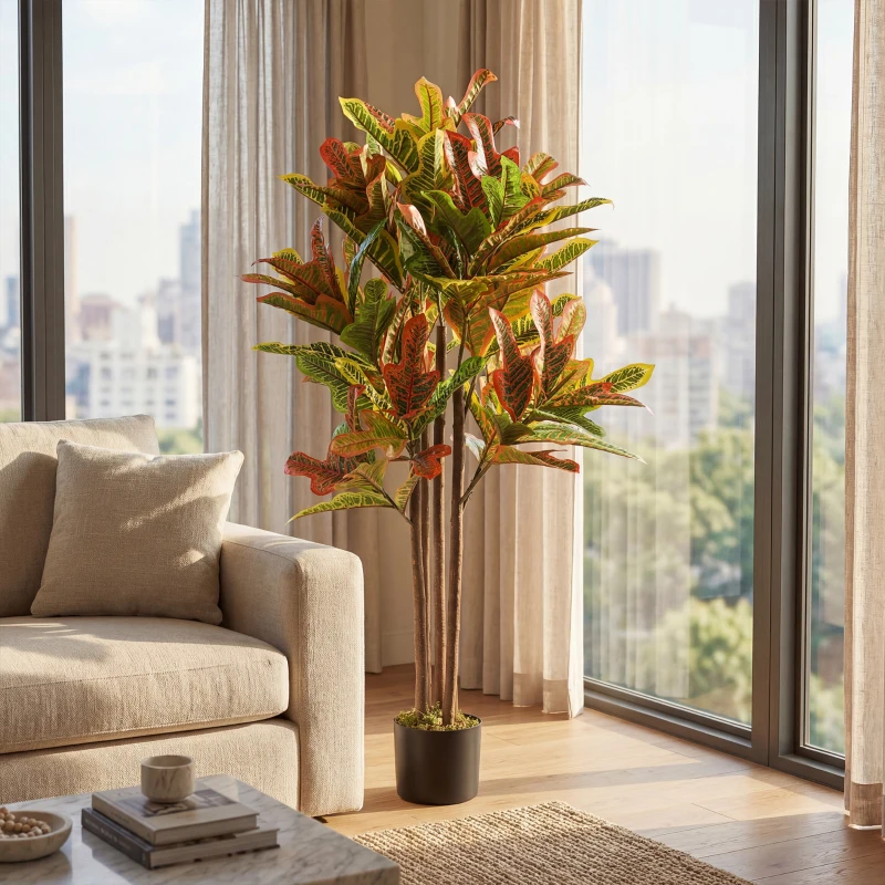 HOMCOM Crotón Artificial 120 cm Planta Artificial Decorativa con Maceta y Hojas para Decoración del Interior Multicolor