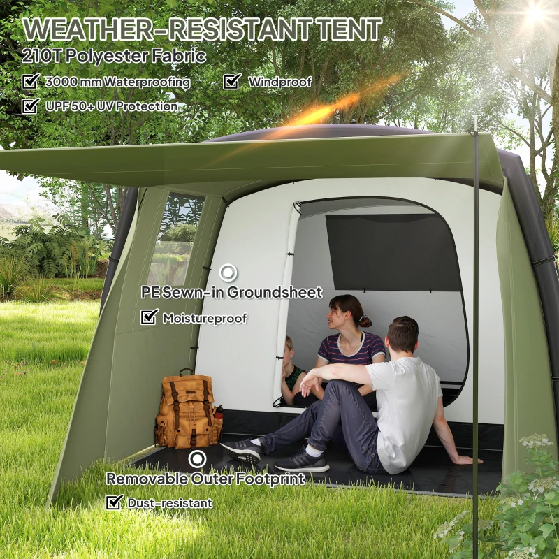 Outsunny Inflatable 3 Man Tunnel Tent w/ Air Pump, Living Area & Vestibule, Waterproof Family Camping Air Tent, Groundsheet, Removable Footprint for Hiking, 440L x 280W x 195Hcm, Olive Green