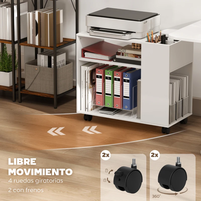 HOMCOM Mueble para Impresora con Ruedas Compartimentos Superiores Estantes Abiertos 70x36x60 cm Blanco