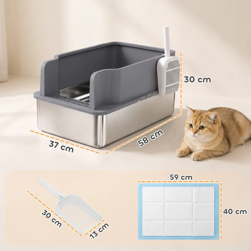 PawHut Arenero para Gatos de Acero Inoxidable L con Bandeja de Tamizado Borde Alto Pala y 10 Empapadores Gris Oscuro