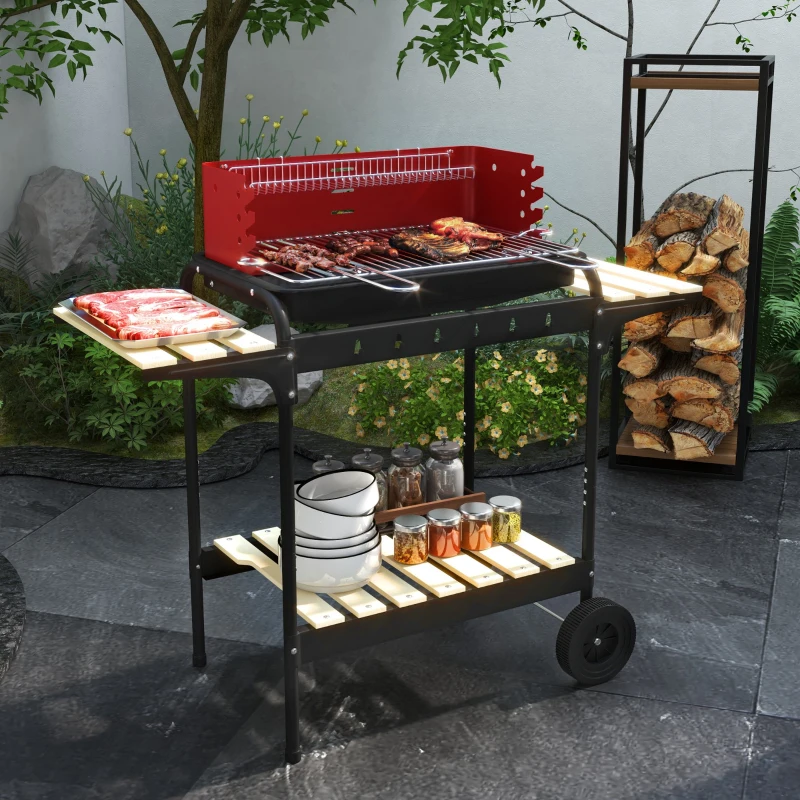 Outsunny Barbacoa de Carbón con Ruedas Parrilla Ajustable en Altura Estantes y 6 Ganchos 103x47x95 cm Rojo y Negro