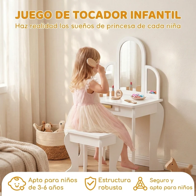 HOMCOM Tocador para Niños con Espejo y Taburete Tocador Infantil Tocador de Maquillaje para Niña de 3 a 6 Años con Cajón Blanco