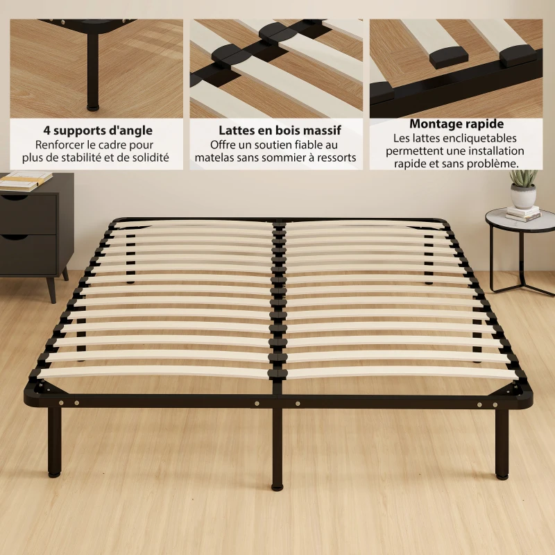 HOMCOM Cadre de lit 160 x 190 cm, lit 2 personnes en bois massif avec sommier à lattes et pied, rangement au-dessous, noir